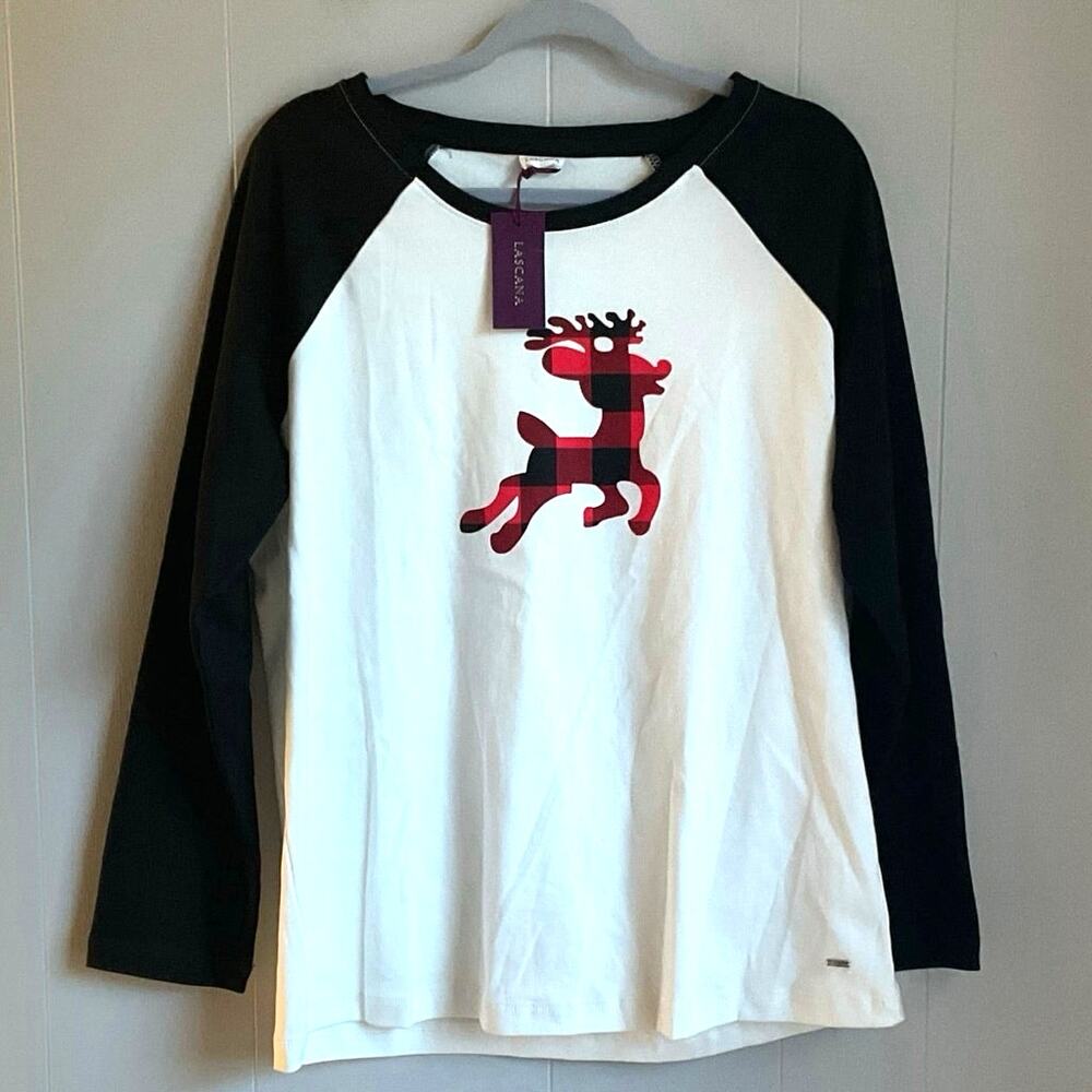 Lascana T Shirt Red & Black Buffalo Plaid Reindeer Raglan Tee New, Womens Sz L